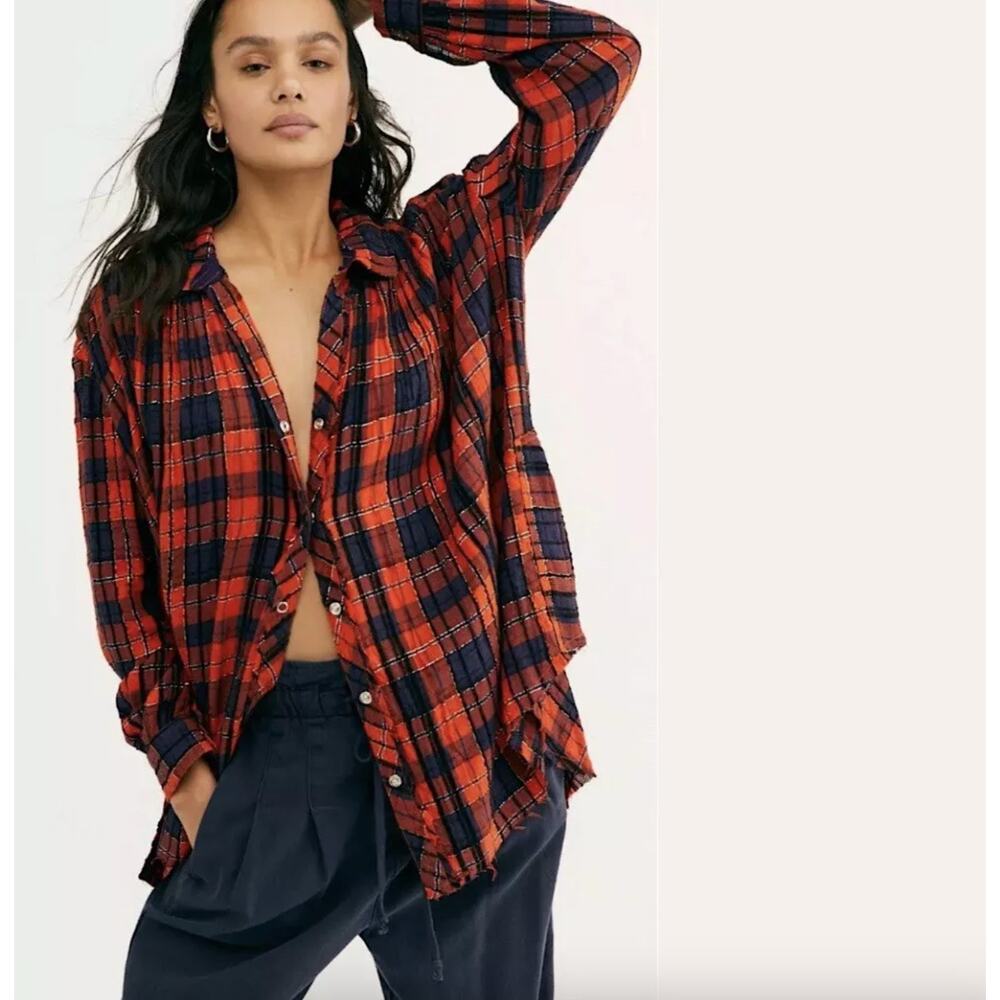 Free People Lela Plaid Buttondown Metallic Tunic Shirt Orange‎ Black XS